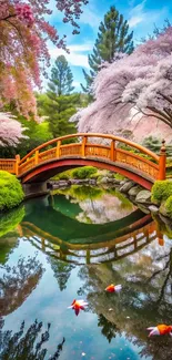 Cherry blossom garden with bridge and reflection.