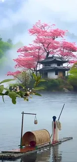 A tranquil scene of cherry blossoms by a misty lake with a traditional boat.