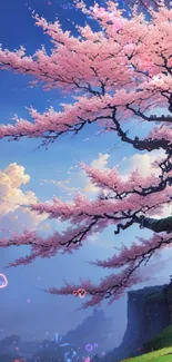 Cherry blossom tree on a serene landscape with vibrant colors.