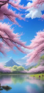 Serene cherry blossom landscape with a mountain and calm waters.