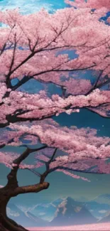 Cherry blossom under a starry sky with mountains in the background.