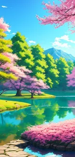 Serene cherry blossom landscape with a reflective lake.