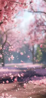 Cherry blossoms gently falling on a peaceful park pathway in spring.