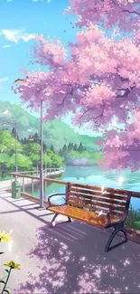 Anime cherry blossom pathway with bench and pond under blue sky.