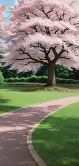 Serene pathway under cherry blossoms in a green park.