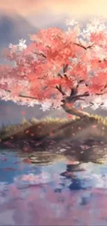 Cherry blossom tree reflecting over serene water.