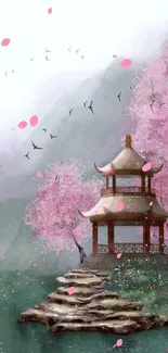 Mobile wallpaper with a pagoda, cherry blossoms, and misty mountains.