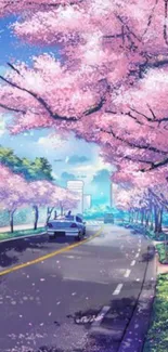 Serene cherry blossom road under a blue sky.