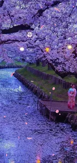 Serene stream with cherry blossoms and lanterns in soothing purple hues.