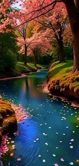 Serene stream with cherry blossoms in spring.