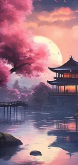 Cherry blossom landscape with serene sunset.