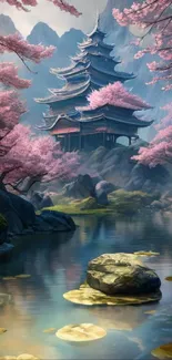 Serene temple surrounded by cherry blossoms and tranquil water.