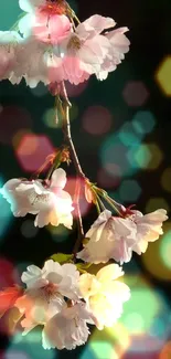 Delicate pink cherry blossom on dark background wallpaper.