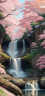 Peaceful waterfall with cherry blossoms and rocks.