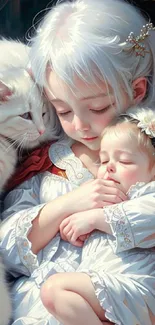 Child with white cat and sleeping baby in an ornate chair.