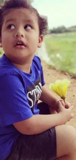 Child holding flowers by a peaceful river scene.