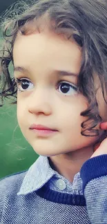 Thoughtful child standing outdoors against a green background.