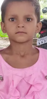 Child in pink shirt with serene outdoor background.