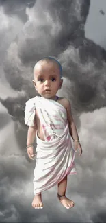 Child in white attire standing amid stormy gray clouds, creating a serene visual.