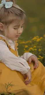 Child sitting in yellow dress surrounded by nature and flowers.