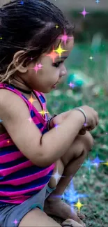 Young child in stripes playing outdoors, surrounded by green grass.