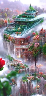 Misty Chinese mountains with green temples and colorful flowers.