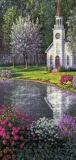 Serene church by a pond with vibrant blooming flowers.