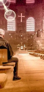 Elderly man sitting in a softly lit church, embodying peace and contemplation.