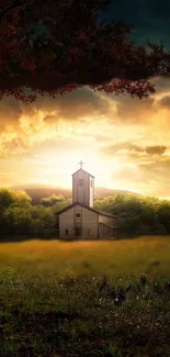 Serene church and sunset with vibrant skies.