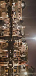 Illuminated cityscape reflected on water at night.