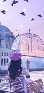 Woman under a transparent umbrella at dusk with purple sky background.