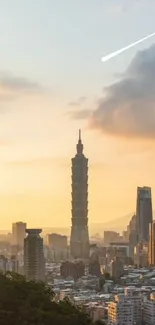 Beautiful city skyline at sunset with golden hues and prominent architecture.