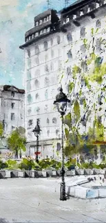 Serene watercolor cityscape with lush greenery and classic buildings.