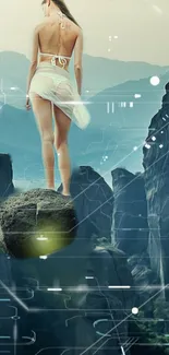 Woman standing on a rock amid a mystical cliffside landscape with digital accents.