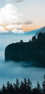 Serene sunrise view with a misty cliffside and forest backdrop.