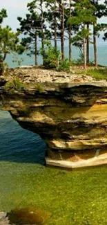 Cliffside view with trees and tranquil water.