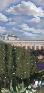 Cityscape with fluffy clouds and trees.