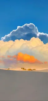 Vibrant clouds over a serene desert landscape with a blue sky.