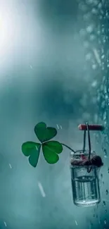 Clover in glass jar with water droplets on a teal background.