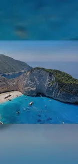 A scenic beach and ocean view with clear blue waters and cliffs.