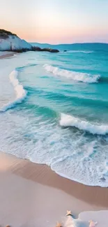 Serene coastal beach with turquoise waves and soft sand under a sunset sky.