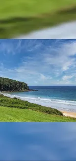 Serene coastal beach with lush green and blue waves.