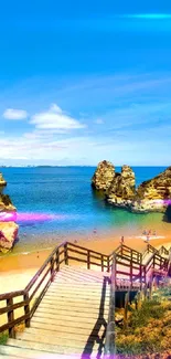 Scenic beach view with clear blue skies and a wooden path leading to the ocean.