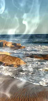 Serene beach scene with ocean waves and rocky shore under a clear blue sky.