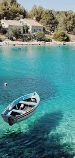 Coastal wallpaper with turquoise water and boat.