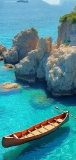 Lone boat on turquoise waters by rocky coast