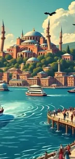 Cityscape with vibrant harbors and stunning architecture under a blue sky.