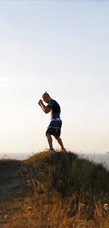 Silhouette of a person standing on a coastal cliff with a serene sky.