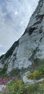 Serene coastal cliff with wildflowers under a dramatic sky.