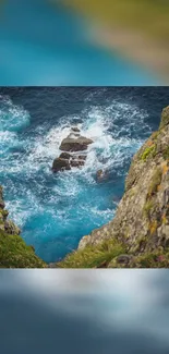 Vivid blue ocean waves crashing against picturesque cliffs.